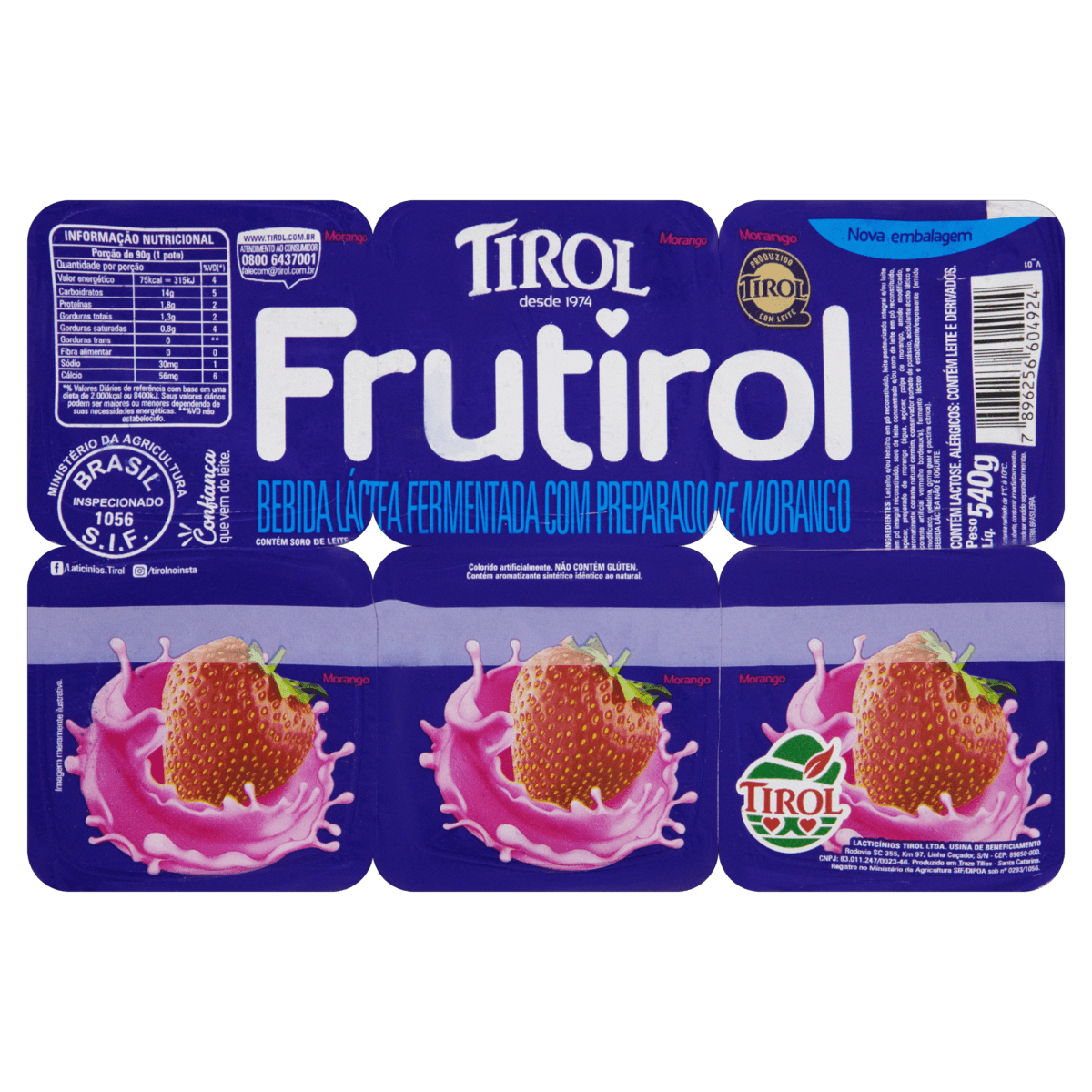 Bebida Láctea Fermentada Tirol Morango Bandeja 480g